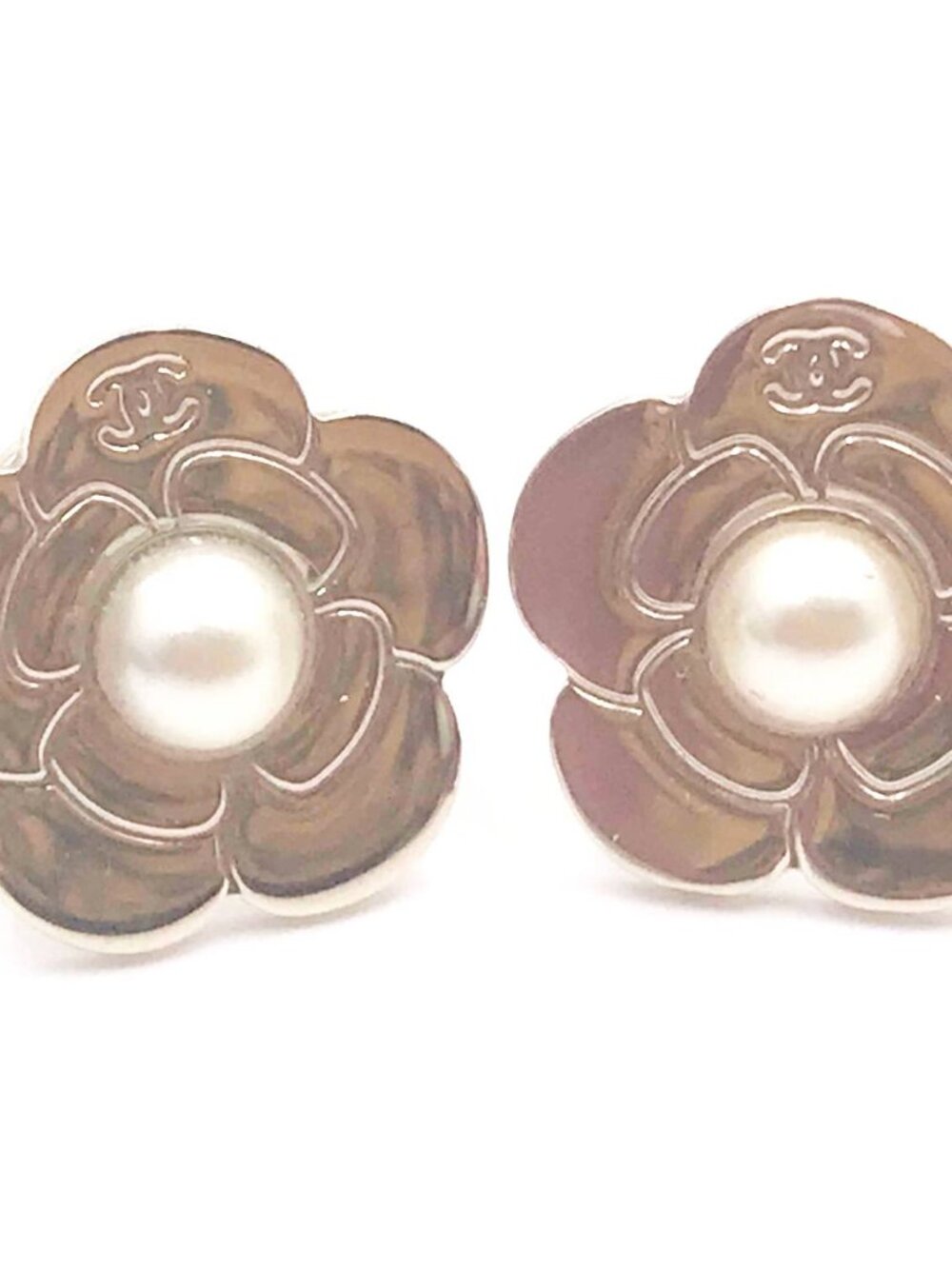 Chanel Gold Embossed Camellia Pearl Piercing Earrings